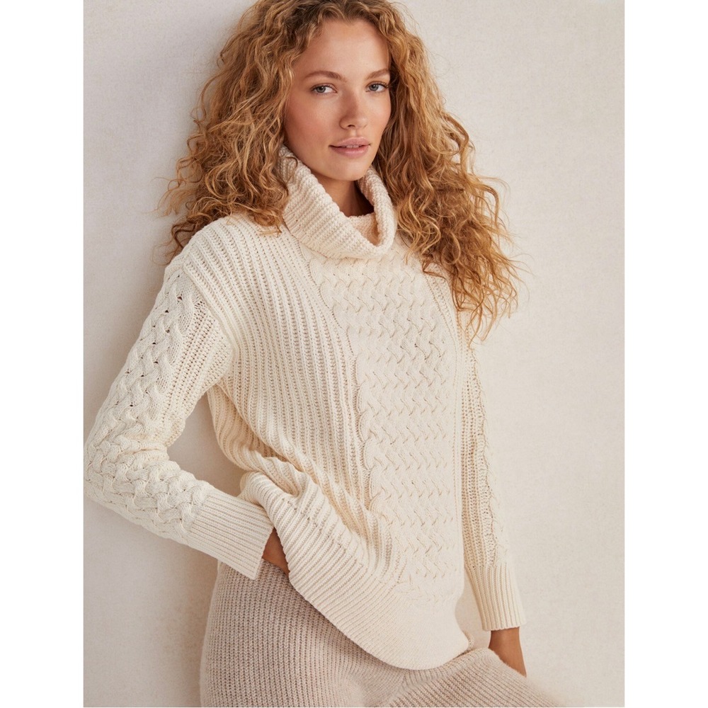 Haven Well Within Cream Cable Knit Turtleneck Sweater Small Ivory Cowl Neck